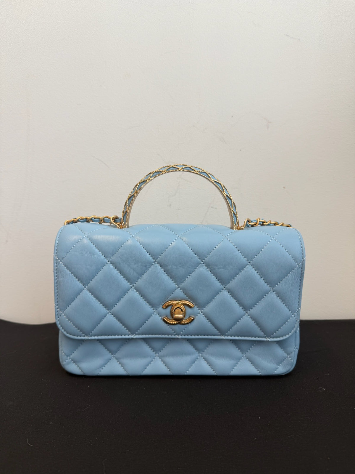 Chanel 23A Sky Blue Chain Top Handle Quilted Leather Bag - Gold Hardware image 1