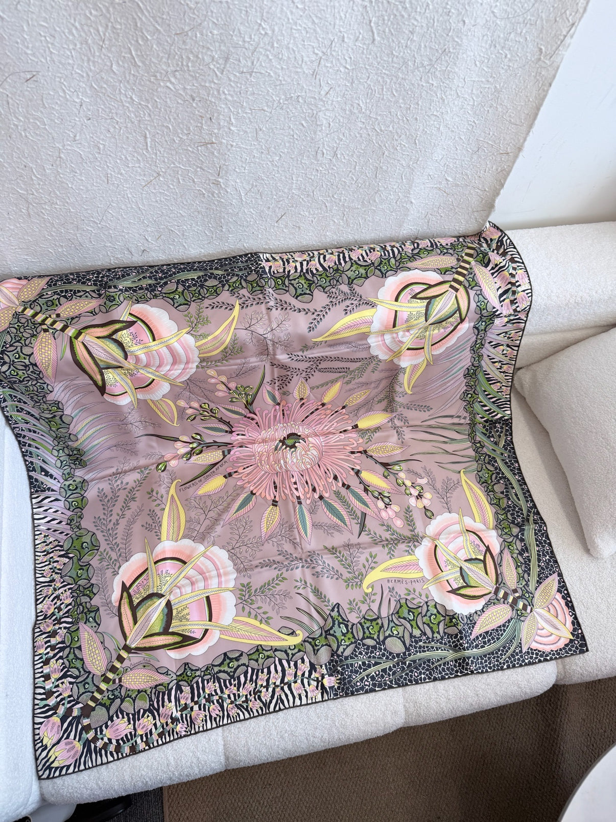 Hermes Silk Flowers of South Africa Scarf 90 Vieux Rose Vert Jaune image 2