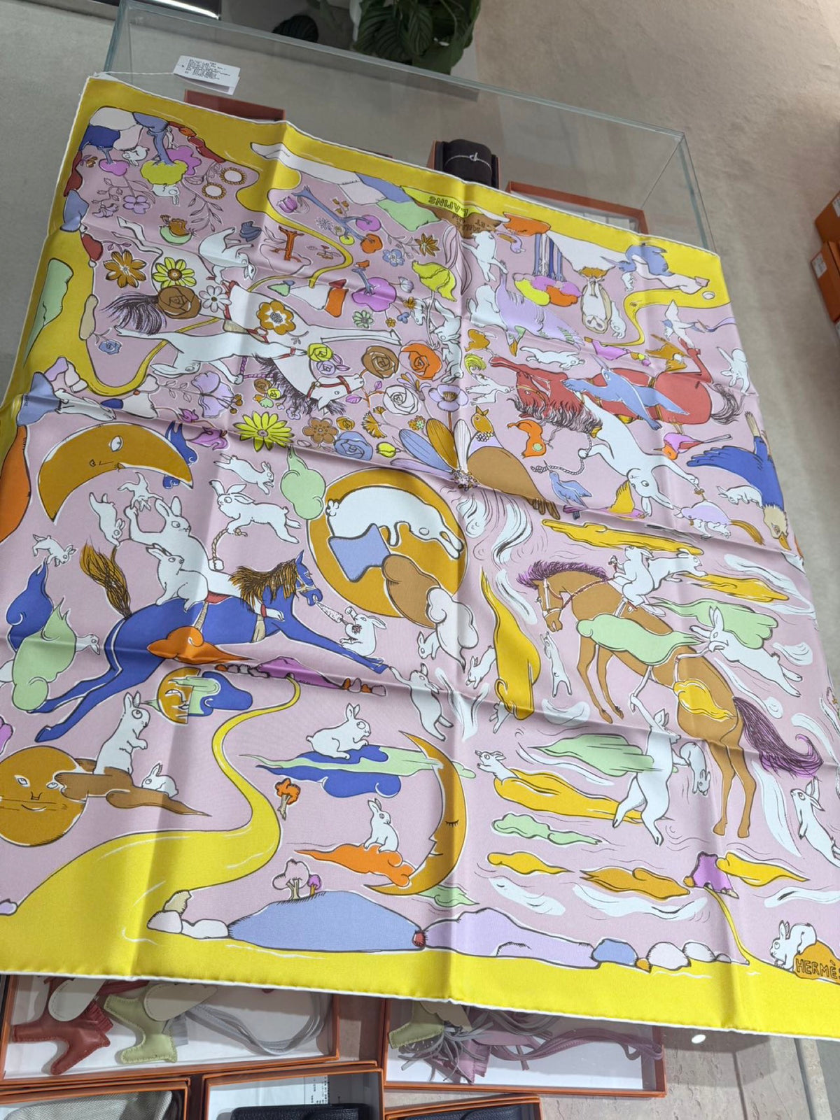 Hermès Mille Et Un Lapins Silk Scarf 90 - Yellow / Pink / Lilac image 3